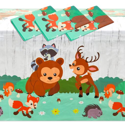 BLUE PANDA Woodland Animals Plastic Tablecloth for Birthday Party (54 x 108 in, 3 Pack)