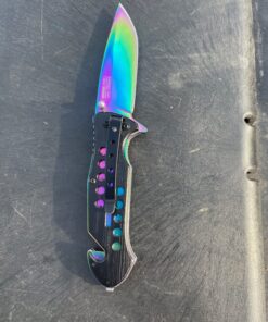 TAC Force Spring Assisted Folding Pocket Knife – Rainbow TiNite Coated Drop Point Blade and Liner, Black Aluminum Handle w/ Rope Cutter, Glass Punch, and Clip, Tactical, EDC, Rescue - TF-509 4.75 inch 30 814KqVpwBCL