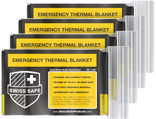 Swiss Safe Emergency Mylar Thermal Blankets + Bonus Gold Foil Space Blanket. Designed for NASA, Outdoors, Survival, First Aid, Double-Sided Black and Gold, 4 Pack Double Color Sides: Matte Black & Gold