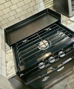 Camco Camper/RV Stove Top Cover | Features Hinged Design for Easy Access to Front Burners & Fits Most 3 or 4 Burner RV/Boat Stoves | Crafted of 20-Gauge Steel w/Powder-Coated Finish | Black (43554) 37 814eG 29qSL
