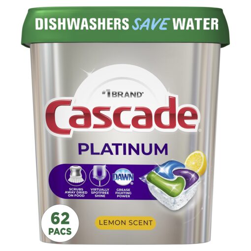 Cascade Platinum Dishwasher Pods, Dishwasher Detergent Pod, Dishwasher Soap Pod, Actionpacs Dish Washing Pod, Lemon, 62 Count Dishwasher Detergent Pods 62 Count (Pack of 1)