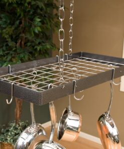 Rogar Hammered Steel Rectangular Pot Rack with Grid and Chrome Accessories 30-in. 21 814x3fkwuiL