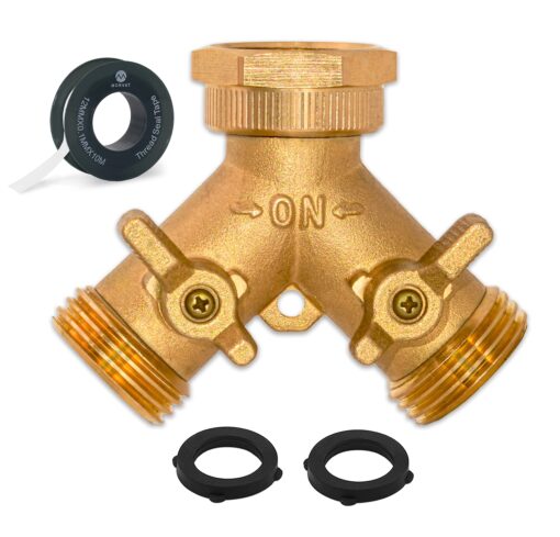 Morvat Heavy Duty Brass 2 way Y Splitter Garden Hose Hexagonal Connector with Comfortable Grip Shut Off Valves, Adapter for Water Tap, Outlet, & Spigot, Includes 2 Extra Rubber Washers & Teflon Tape 1