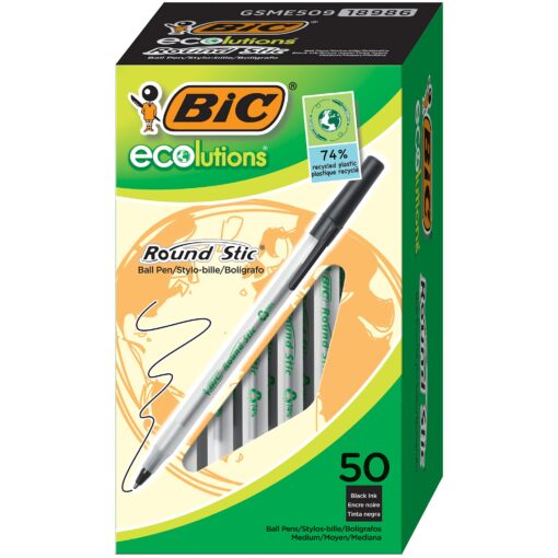 BIC Ecolutions Round Stic Ballpoint Pens, Medium Point (1.0mm), 50-Count Pack, Black Ink Pens Made from 97% Recycled Plastic 50 Count (Pack of 1)