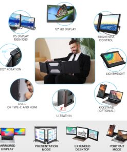 WESTHOD 12" Laptop Monitor Extender, Portable Monitor for Laptop HDMI USB C Screens Extender FHD 1080P, Plug-Play Tri-Screen for 13”-16” Laptops 69 815iNe6Xt L