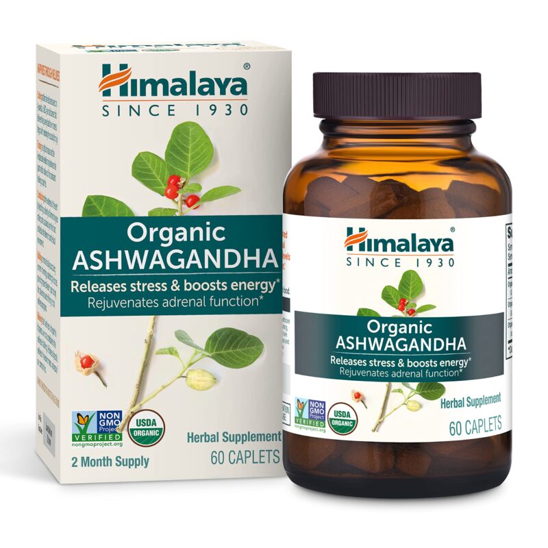 Himalaya Organic Ashwagandha, 60-Day Supply, Herbal Supplement for Stress Relief, Energy Support, Occasional Sleeplessness, USDA Certified Organic, Non-GMO, Vegan, Gluten Free, 670 mg, 60 Caplets