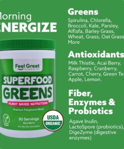 The Feel Great Vitamin Company USDA Organic Superfood Greens Powder - Berry Flavor, Vegan Organic Super Greens, Fruit and Vegetable Supplement, Enzymes & Probiotics. Greens and Superfoods Supplement. Adult Berry 11 815n1X7pznL