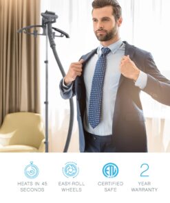 Pure Enrichment® PureSteam™ XL Standing Steamer with Garment Hanger - Heats in 45 Seconds with 0.5-Gallon Water Tank for 1 Hour Continuous Steaming - Includes Fabric Brush and Easy-roll Wheels 24 815p ljmk1L