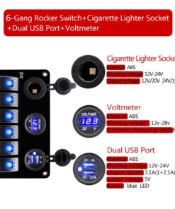 FXC 12 Volt Aluminum Marine Boat Rocker Switch Panel Waterproof 6 Gang Toggle Switch Panel Blue LED Lighted for Car Truck RV UTV ATV with USB Cigarette Lighter Socket Voltmeter 13 815uscQf0WL
