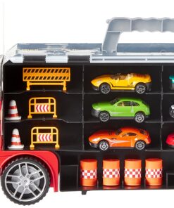 Alternative view of Amazon Basics Toy Car Carrier Truck With Storage For Kids Ages 3 and Up, 6-Pieces Diecast Vehicles & 16 Accessories, Multicolor, Medium