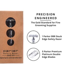 Parker Safety Razor, 99R Chrome Long Handle Heavyweight Butterfly Open Double Edge Safety Razor for Men, 5 Parker Premium Platinum Double Edge Razor Blades Included 42 816HYfxgktL