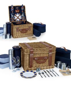PICNIC TIME Romantic Canterbury Deluxe Wicker Picnic Basket Set for 2, with Blanket and Soft Cooler, One Size, Navy with Plaid 39 816SAxLL3oL