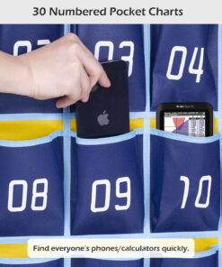MISSLO Classroom Cell Phone Calculator Holder Numbered 30 Pockets Chart Hanging Wall Door Storage Organizer (Blue) 28 816bs8HxDkL