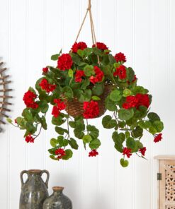 Nearly Natural 6609-RD 24in. Geranium Hanging Basket Silk Plant,Red,10.25" x 10.25" x 17.5" Red 22 816iRTGYmlL