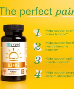 Zhou Nutrition Vitamin D3 K2, Bone and Heart Health Formula 5000 IU Vitamin D3 & 90 mcg Vitamin K2, Max Strength 2 in 1 Immune Support and Calcium Absorption, Gluten Free, 60 Count Capsules 22 816tMkO5FFL