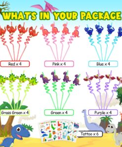 FZR Legend 24 Reusable Dinosaur Drinking Plastic Straws + 6 Dinosaur Temporary Tattoos for Kids Girls Boys | Dinosaur Birthday Party Supplies Three Rex Party Favors Decorations with Cleaning Brush 24 817CsJnhvUL