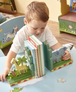 Fantasy Fields - Sunny Safari Animals Thematic Set of 2 Sturdy Wooden Bookends for Kids - Non-Toxic, Water-Based Paint, Giraffe and Elephant, Blue 15 817ICpQDEfL