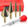 NEIKO 10169A Step Drill Bit Set and Automatic Center Punch | 5 Piece, 41 SAE Sizes Total, 1/8” – 1-3/8” | Titanium High Speed Steel Unibit, Stepper Cone Drill Bit | Two Flute Step Down Bits Straight Tri-Flat Shank 1/8 to 1-3/8", 4 bits