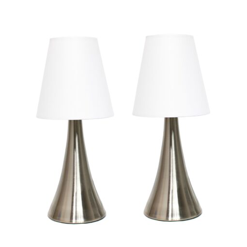 Simple Designs LT2014-WHT-2PK Valencia Brushed Nickel Mini Touch Table Lamps with Fabric Shades, White (Pack of 2) Brushed Nickel Base with White Shades