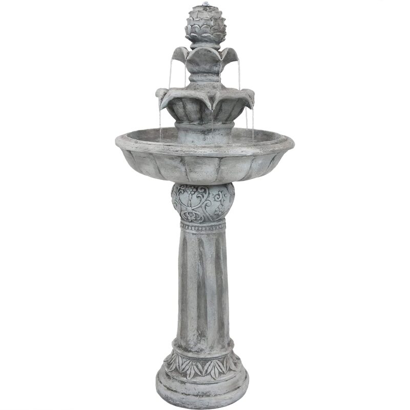 Sunnydaze Ornate Elegance 42-Inch Tiered Solar Fountain with Battery Backup and LED Light - Submersible Pump - White