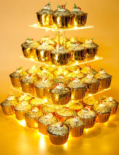 Vdomus 4 Tier Acrylic Cupcake Stand Pastry Stand with LED String Lights Dessert Tree Tower Cake Pyramid for Birthday Wedding Party Babyshower Christmas, Holds up to 50 Cupcakes (Warm) Gold 4 Tier Square