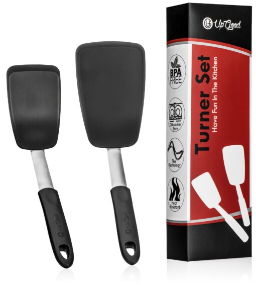 UpGood Silicone Turner Set - 2 Pack of Large and Small Kitchen Spatulas - High Heat Resistant Nonstick Utensils with Tapered Edges - Flexible Stainless Steel, BPA Free Professional Grade Cookware Turner 2 Pack Black