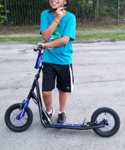 Mongoose Expo Youth Kick Scooter, Suggested for Riders with Ages 6 to 9 Years Old, Max. Weight of 175 lbs., Front and Rear Caliper Brakes, Rear Axle Pegs, 12-Inch Inflatable Wheels Black/Blue 37 817jJW9FryL