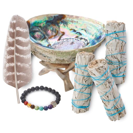 3 White Sage Smudge Gift Kit - Abalone Shell, Feather, Stand, Instructions & More - Smudging, Cleansing, Healing & Stress Relief Standard with Feather, Stand & Chakra Bracelet