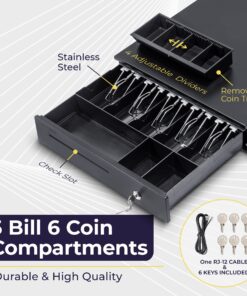 Cash Register Drawer for Point of Sale (POS) System with Removable Coin Slots, 5 Bill/6 Coin, 24V, RJ11/RJ12 Key-Lock, Media Slot, Black 5 Bill 6 Coin 14 817sA6 Yl6L