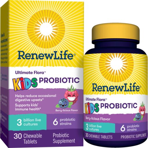 Renew Life Kids Chewable Probiotic Tablets, Daily Supplement Supports Digestive and Immune Health, Berry-licious Flavor, Dairy, Soy and gluten-free, 3 Billion CFU, 30 Count 30 Count (Pack of 1)