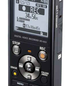 Alternative view of Olympus WS-853 black voice recorder with true stereo mic, 8GB, 110 hours battery life, voice balance, direct USB connection, with MP3 file format.