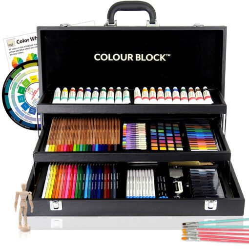 COLOUR BLOCK 181 pc Mixed Media Art Set in Durable PU leather Case - Soft & Oil Pastels, Acrylic & Watercolor Paints, Sketching, Charcoal & Colored Pencils and Tools