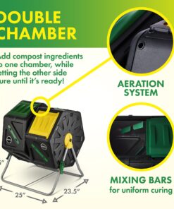 Dual Chamber Compost Tumbler – Easy-Turn, Fast-Working System – All-Season, Heavy-Duty, High Volume Composter with 2 Sliding Doors - (2 – 18.5gallon /70 Liter) 21 818ObxOORvL