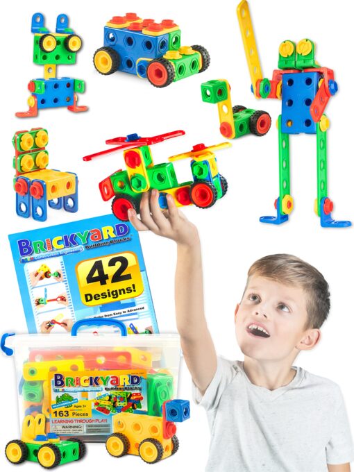 Brickyard Building Blocks STEM Toys - Educational Building Toys for Kids Ages 4-8 with 163 Pieces, Tools, Design Guide and Toy Storage Box, Gift for Boys & Girls 163 Piece