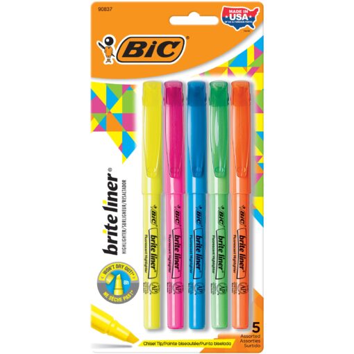 BIC Brite Liner Highlighters, Chisel Tip, 5-Count Pack of Highlighters Assorted Colors, Ideal Highlighter Set for Organizing and Coloring 5 Count (Pack of 1)