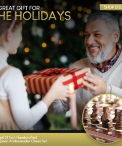 Wegiel Handmade European Ambassador Chess Set - Wooden 21 Inch Beech & Birch Board with Felt Base - Carved Hornbeam & Sycamore Wood Chess Pieces Ambassador - Brown 66 819T44XvwdL