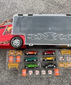 Amazon Basics Toy Car Carrier Truck With Storage For Kids Ages 3 and Up, 6-Pieces Diecast Vehicles & 16 Accessories, Multicolor, Medium 68 819V1XqeL