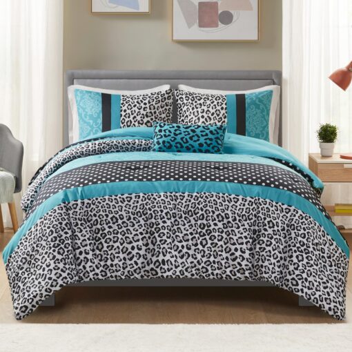 Mi Zone Comforter Set Fun Bedroom Décor - Modern All Season Polka Dot Print, Vibrant Color Cozy Bedding Layer, Matching Sham, Decorative Pillow, Full/Queen, Leopard Teal 4 Piece