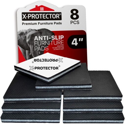 Non Slip Furniture Pads X-PROTECTOR - 8 PCS 4" - Premium Furniture Grippers! Rubber Feet Hardwood Floor Protectors for Furniture Legs - Couch Stoppers - Keep Your Furniture in Place Forever! 4 inch 8 Square