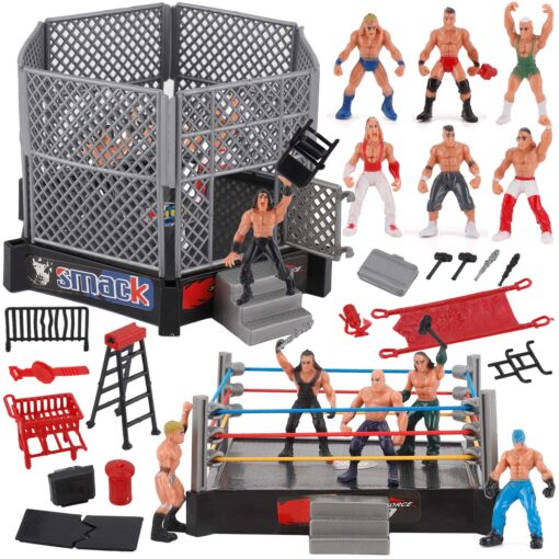 Liberty Imports Ultimate 32-Piece Wrestling Miniature Toys for Kids Pretend Play, Wrestler Figures with 2 Rings & Realistic Accessories for Boys and Girls, Great for Cake Toppers, Parties