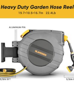 GLAHODEN Retractable Garden Hose Reel, 5/8in x 65ft+6ft Slow Return System Water Hose Reel, Patented Design for Any Length Lock Increase Flow Rate By 20% 2 Year Anti-fading Hose Reel Wall Mount 5/8" 65FT 25 819hGCgffkL