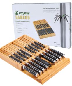 Utoplike In-Drawer Bamboo knife block, Drawer Knife Set Storage, Knife Organizer and Holder with Slots for 16 Knives and 1 Sharpening Steel (Not Included)-Kitchen Drawer, Counter Top 24 819qCAhpPyL