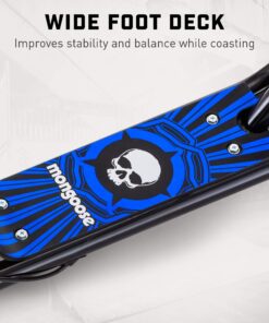 Mongoose Expo Youth Kick Scooter, Suggested for Riders with Ages 6 to 9 Years Old, Max. Weight of 175 lbs., Front and Rear Caliper Brakes, Rear Axle Pegs, 12-Inch Inflatable Wheels Black/Blue 23 819uIKuMuL