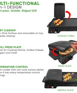 Nutrichef 2-in-1 Panini Press Grill & Griddle | Nonstick Coating, Temperature Control | Multiuse Countertop Sandwich Maker | Removable Drip Tray | 1500W | Compact Electric Griddle | 20.3 x 12.5 x 5.3 26 81A9TKyt6ZL