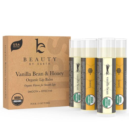 Organic Lip Balm - 4 Pack Organic Gifts for Women, Vanilla Bean & Honey All Natural Lip Balm Stocking Stuffers for Adults, Women, Men, Teens & Kids, Lip Balm Hydrating Beauty Gifts, Lip Moisturizer 4 Count (Pack of 1)