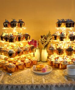 Vdomus 4 Tier Acrylic Cupcake Stand Pastry Stand with LED String Lights Dessert Tree Tower Cake Pyramid for Birthday Wedding Party Babyshower Christmas, Holds up to 50 Cupcakes (Warm) Gold 4 Tier Square 30 81ALvCvfXQL