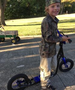 Mongoose Expo Youth Kick Scooter, Suggested for Riders with Ages 6 to 9 Years Old, Max. Weight of 175 lbs., Front and Rear Caliper Brakes, Rear Axle Pegs, 12-Inch Inflatable Wheels Black/Blue 35 81APoWqk4HL