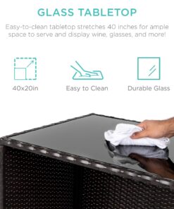 Best Choice Products 3-Piece All-Weather Wicker Bar Table Set for Indoor Outdoor, Kitchen, Patio, Backyard w/ 2 Stools, Glass Tabletop, Storage Shelves - Brown 24 81AXbR NzhL