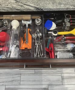 mDesign Plastic Adjustable/Expandable Divided Drawer Storage Organizer with 4 Compartments for Kitchen Pantry, Cupboard, Cabinet, Hold Silverware, Utensils, Cutlery - Ligne Collection - Clear 4 Compartment Expandable Pack of 1 32 81AdufI8ClL