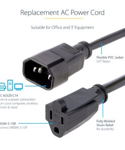 Alternative view of StarTech.com 1ft (0.3m) Power Extension Cord, IEC 320 C14 to NEMA 5-15R, 10A 125V, 18AWG, Black Computer Power Extension Cord, AC Outlet Extension Cable for Network Equipment, UL Listed (PAC100) 18 AWG Standard Packaging